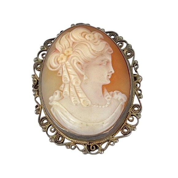 Antique European Cameo Brooch With Ornate Filigree Frame & 835 Silver Mark - Picture 8 of 9